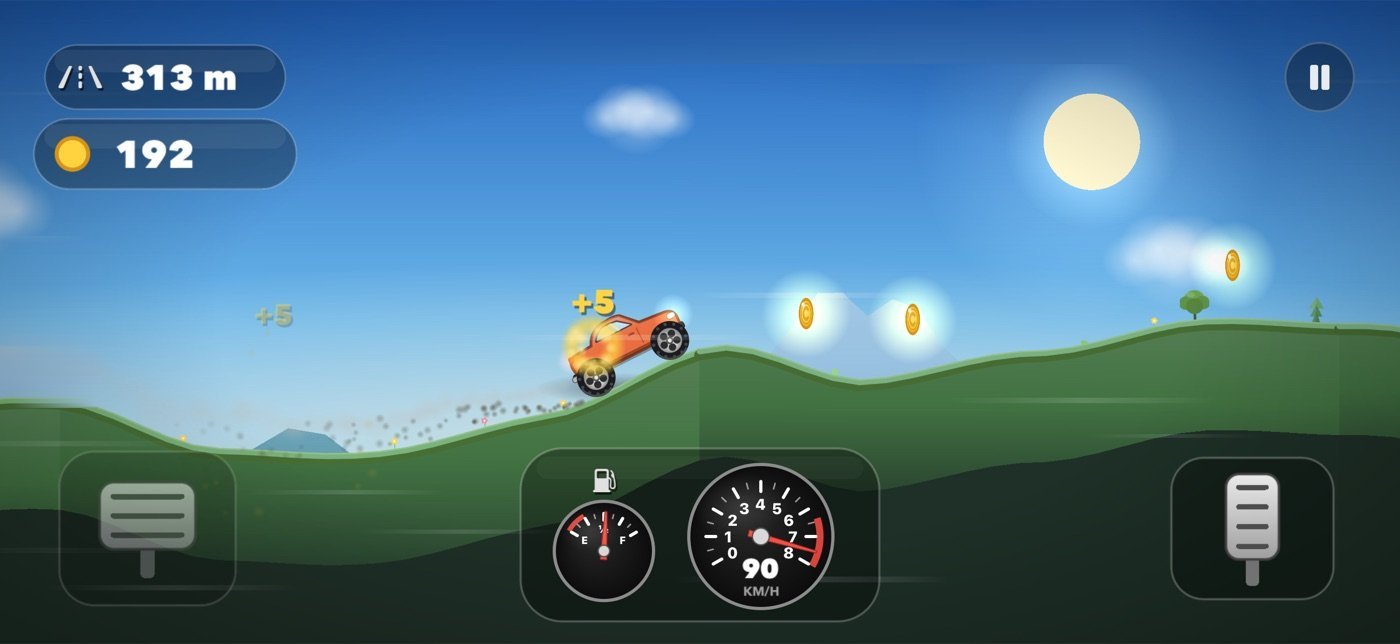 Gameplay: an orange car climbing a green hill with a speedometer and fuel gauge