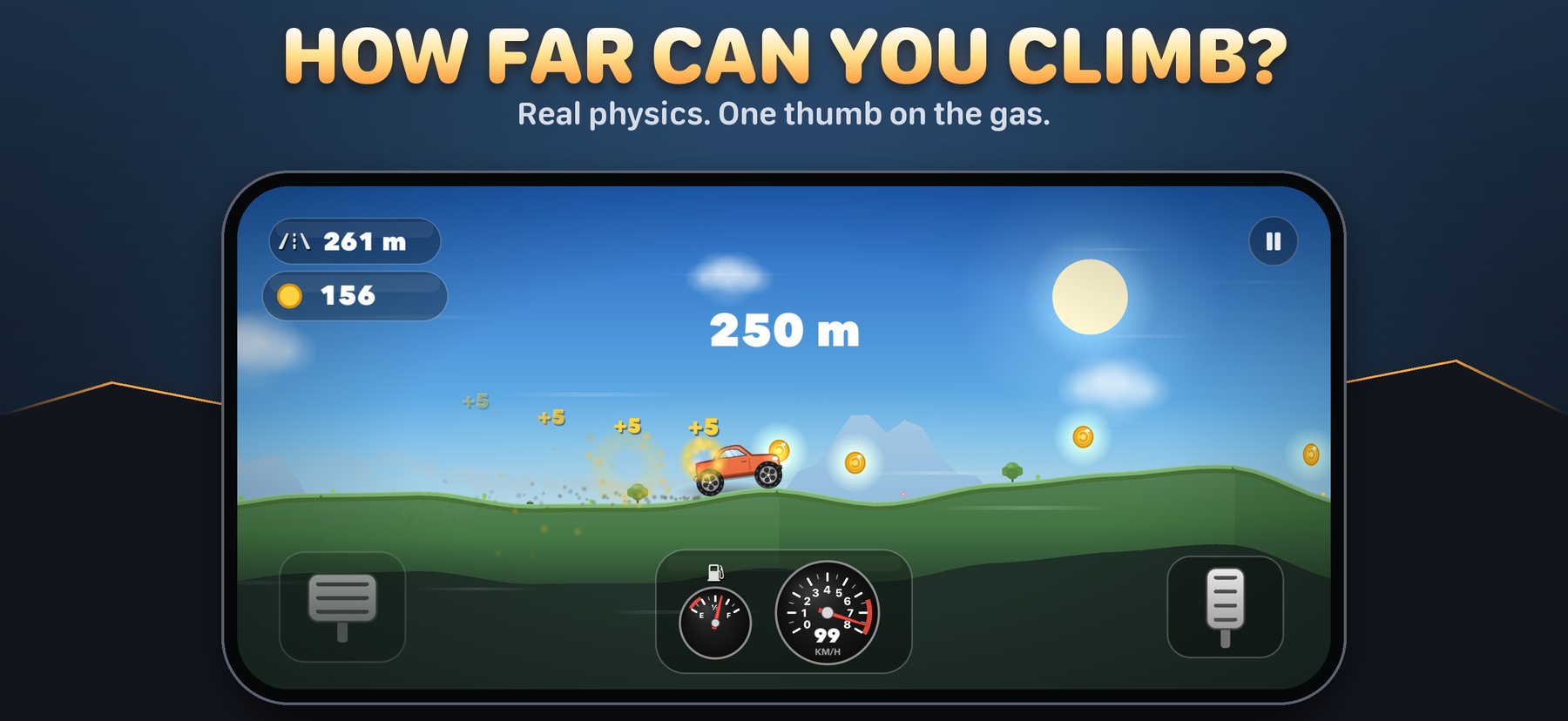 How far can you climb? A car climbing a green hill on the Hills map